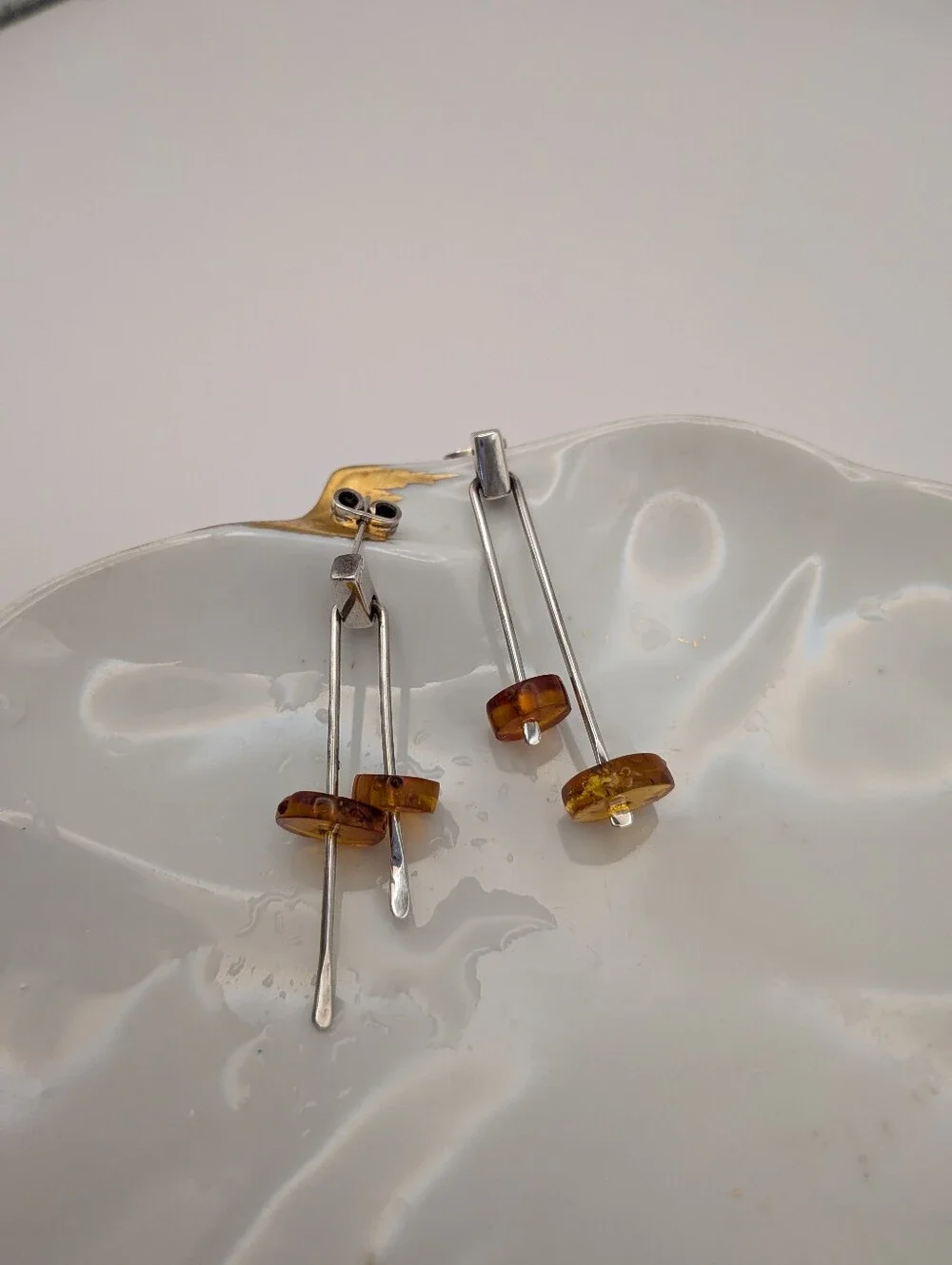 Vintage Sterling 925 Silver Amber Beaded Drop Modernist Minimalist Earrings